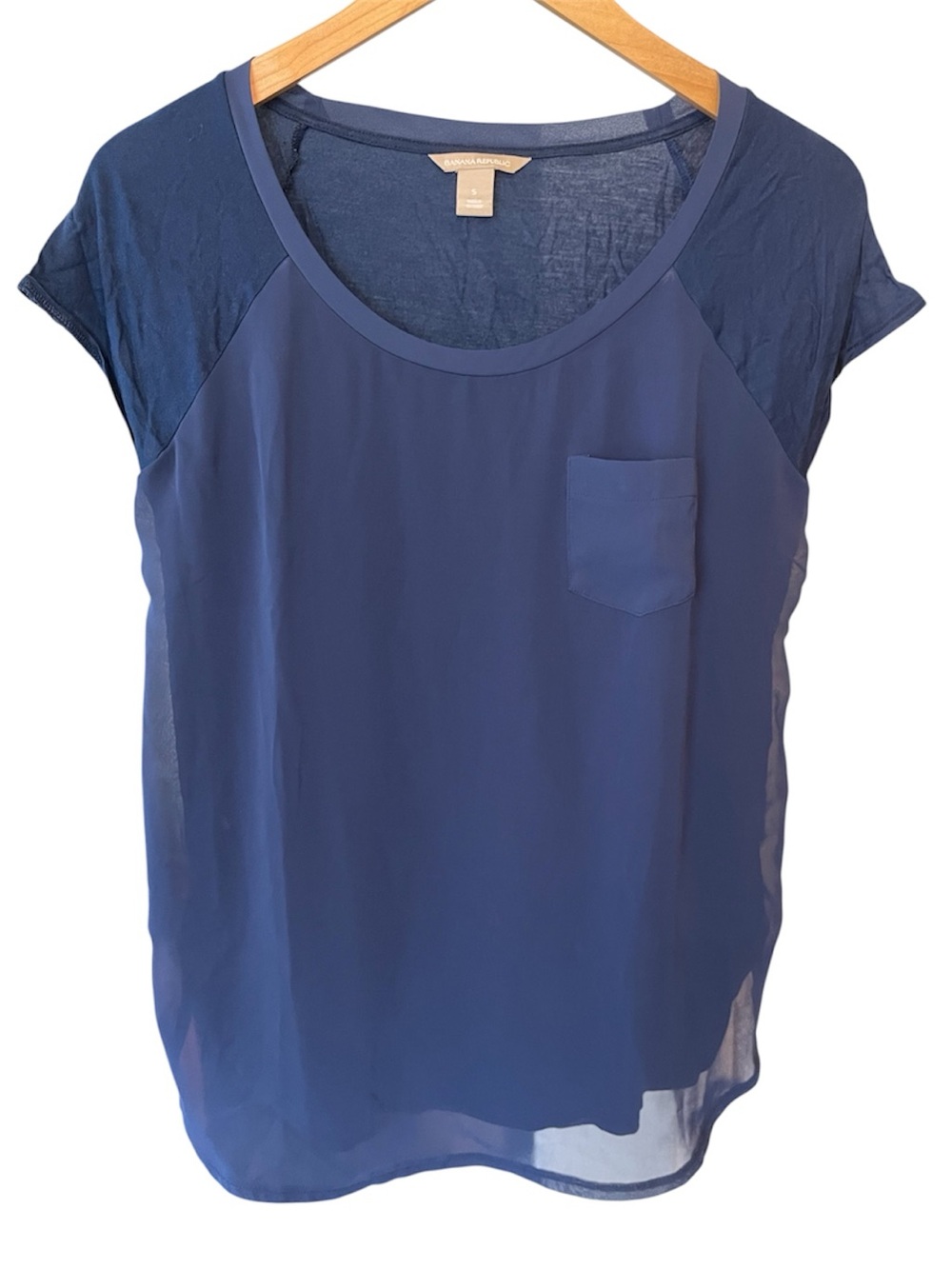 Banana Republic Navy Sheer-Panel Cap-Sleeve Pocket Blouse
